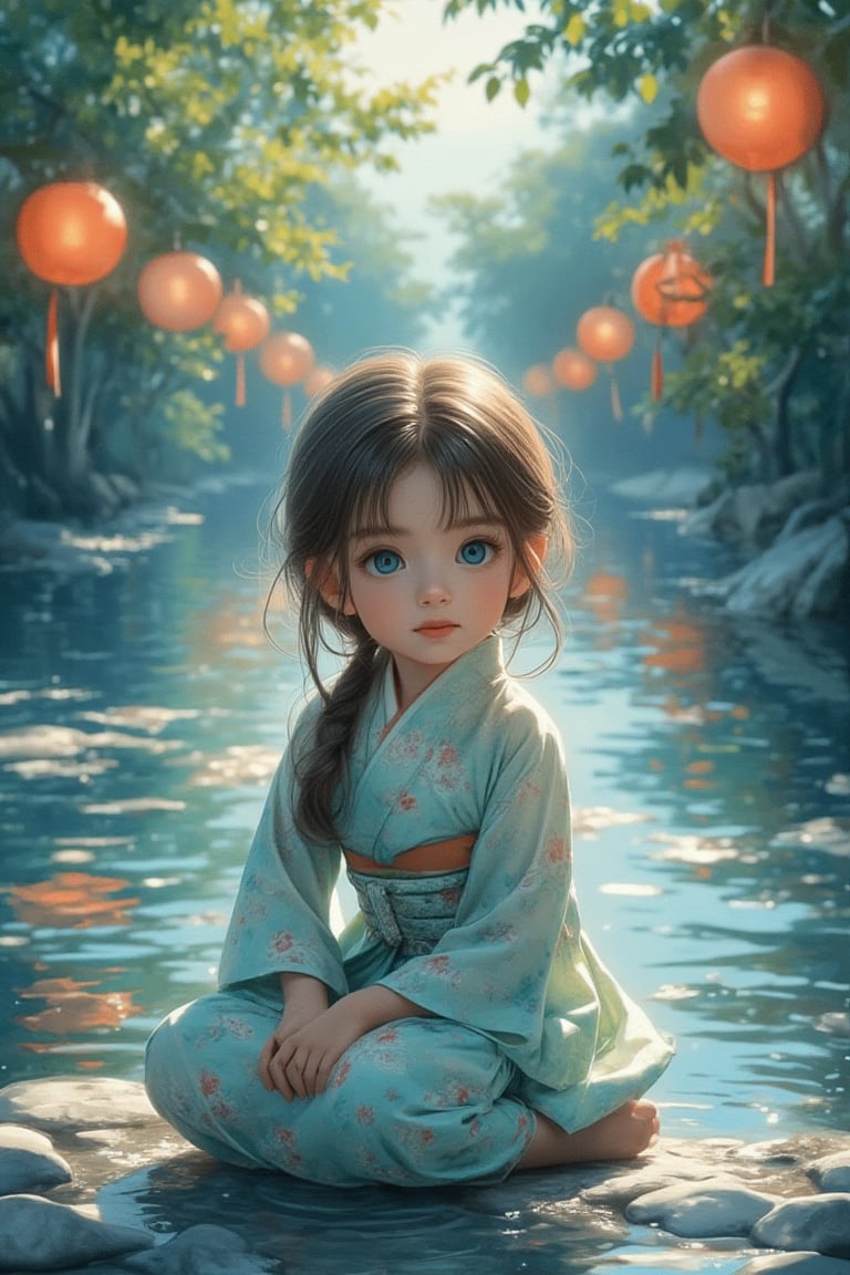 Medium shot of a young girl in a traditional kimono kneeling on the bank of a peaceful river. Her large, bright blue eyes and silky brown hair catch the soft sunlight, illuminating her pensive face as she gently releases Toro water into the flowing river. The composition is centered around her, with the river and vibrant lanterns radiating outward. Watercolor strokes in soft blue and green tones create a peaceful atmosphere. Warm lights and floating lanterns add a soft glow to the tranquil scene.