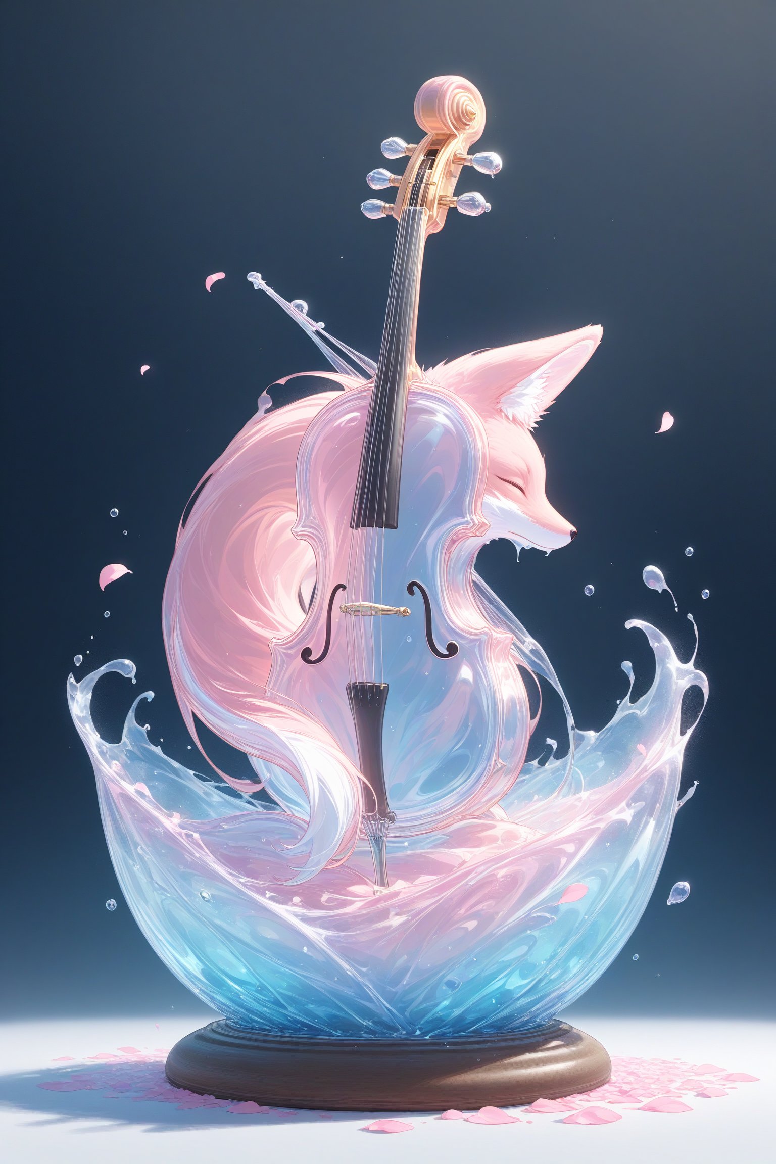 {Elegant crystal glass cello with beautiful curves filled with marbled pink and white liquid forming the shape of a fox. Foxes have fur and texture. Smooth animal silhouettes with wavy dynamic movement. Pastel petals float around the vase. }