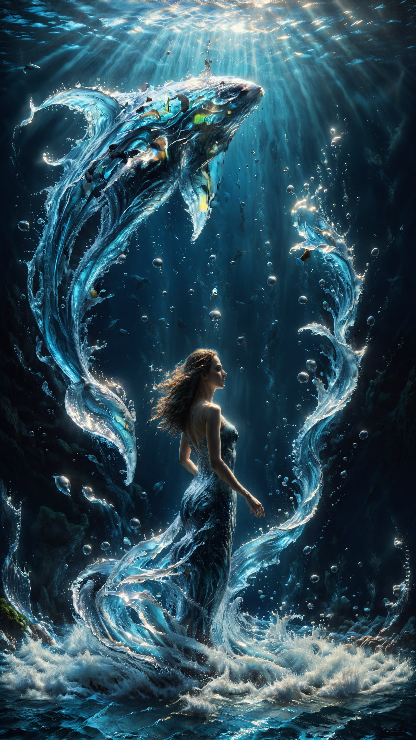 Beautiful tall girl with her back to the audience, figure, fantasy, whale, surrealism, science fiction, fantasy, new play {{{Masterpiece}}}, liquid flow form. The flow of sea water and the swimming of animals create the outline of the fish, realism and realism. The light and shadow in the water and the bottom of the sea are extremely beautiful.