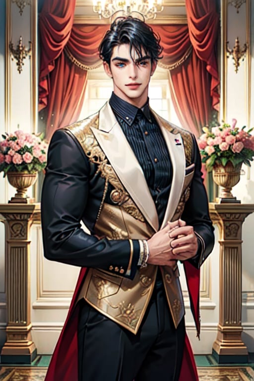 A boy is facing the camera, thick eyebrows, big blue eyes (eyelashes are long and thick), facial features are very detailed, super high quality, masterpiece official art. Realistic (Penetration) He has chest muscles and his hair color is purple and black. His clothes are in line with the current fashion. He is 183 centimeters tall and weighs 183 centimeters. He always looks handsome and tall. His home is very large, with vases everywhere filled with all kinds of flowers, giving it a soft atmosphere under the masculine atmosphere. His home is very luxurious, with rooms dedicated to various sports: swimming, weight training, treadmills, and sweat dripping on his face. The crystal sweat makes his face more masculine. He looks at the audience with an open mouth and smile, official art, professional cinematography, extremely high quality, a masterpiece. Light and shadow, depth of field (distant view).