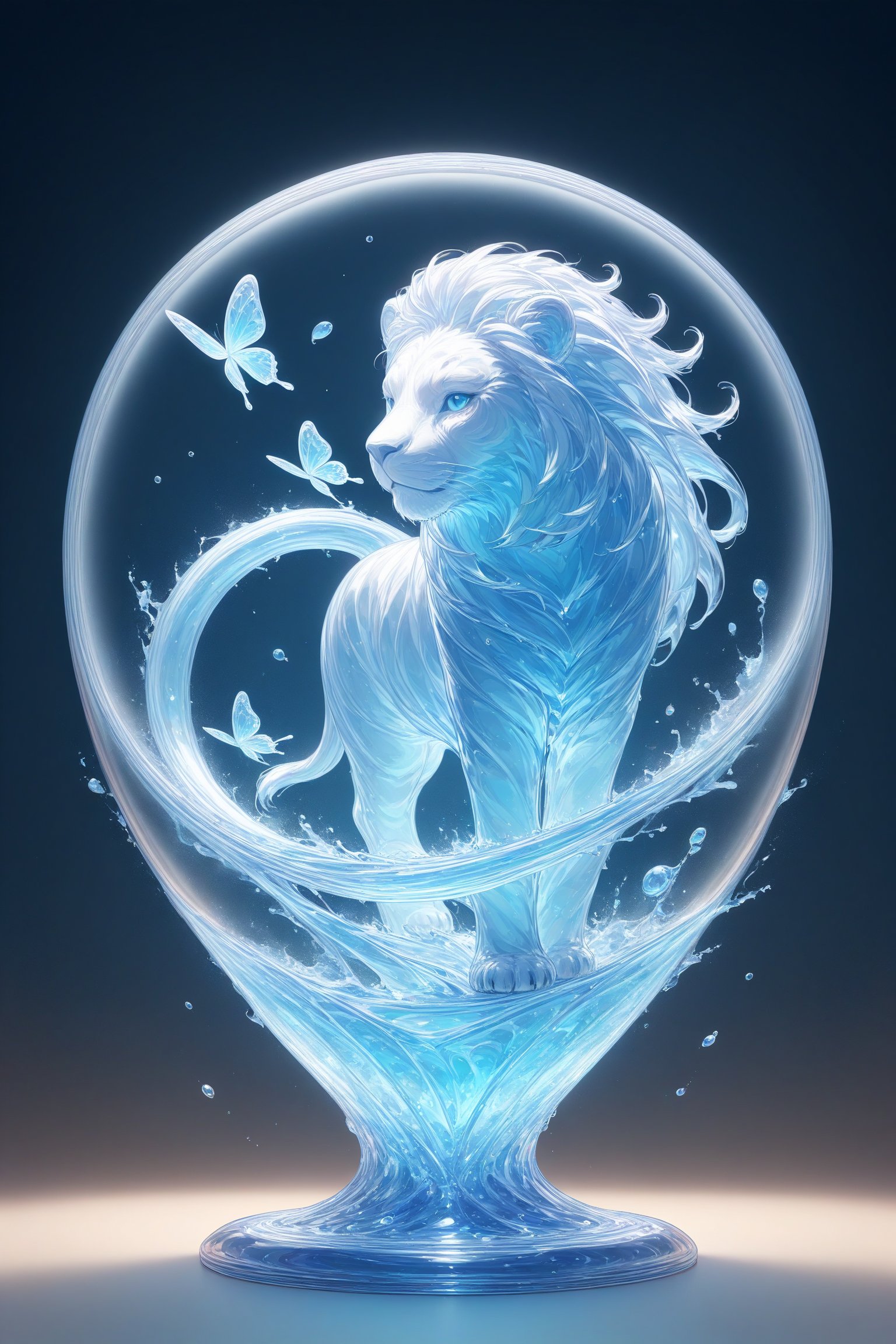 
{Elegant crystal clear crystal glass electric fan with graceful curves, filled with marbled light blue and white and blue liquid (transparent), forming the shape of a butterfly. Lion and texture. Smooth object contours and undulating dynamic motion. Pastel petals float around the vase. }