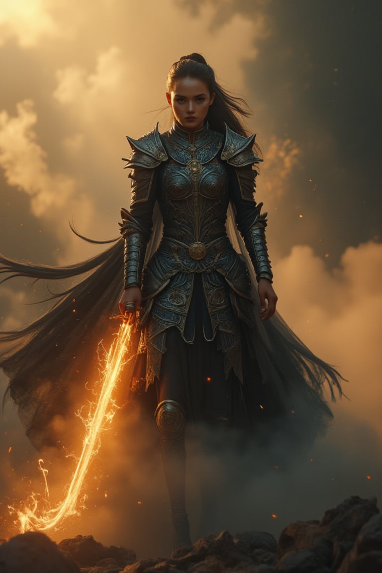 A stunning, ultra-detailed CG illustration depicting a fearless medieval warrior woman, her steady gaze lighting up the ominous darkness as she moves across a desolate landscape. Her sword of ice and fire blazes in her determined hands, while intricate armor patterns gleam in the misty veil. The mysterious dark silhouettes contrast with the warm golden light, creating a cinematic composition with the best shading. The soft, idyllic backdrop whispers of ancient mysticism, and the determined pace of the warrior cuts through the eerie atmosphere. This high-quality, photorealistic masterpiece showcases an extremely delicate and beautiful face, detailed eyes, nose, hands, and feet, with cinematic lighting and composition.