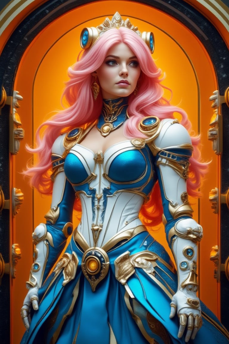 A stunning acrylic model of a beautiful woman with long, wavy pink hair, dressed as a romantic queen of love, blending the elegance of an empress with steampunk and cybernetic elements. She wears a striking blue dress with a white corset accentuating her waistline, paired with a bright blue skirt for a playful touch. The costume features steampunk accessories—gears, goggles, and metallic details—combined with cybernetic enhancements for a futuristic edge. The background showcases an orange gradient with black and light yellow textures, creating a vibrant and dynamic atmosphere that highlights her commanding presence.