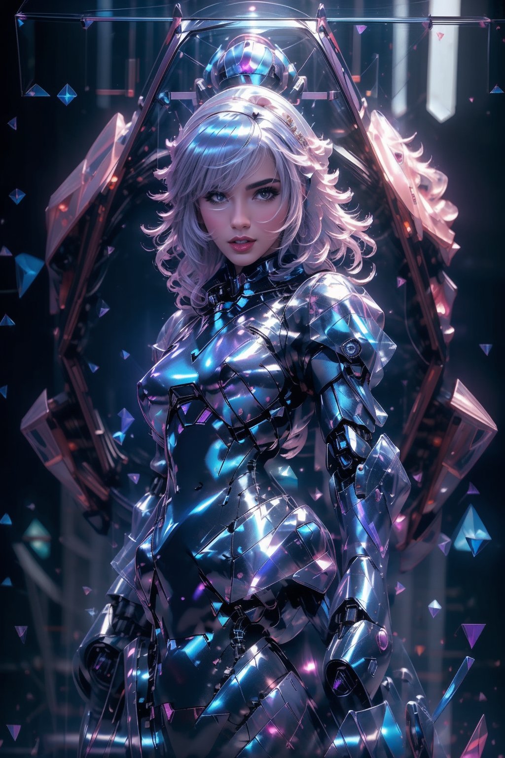 Dark aesthetic, (tiny cute translucent polycarbonate sci-fi robot), polycarbonate plastic frame, stunning Unreal Engine rendering, intricate details, girl's eyes are purple and her hair is sci-fi blue (robot girl), oil painting,full body.