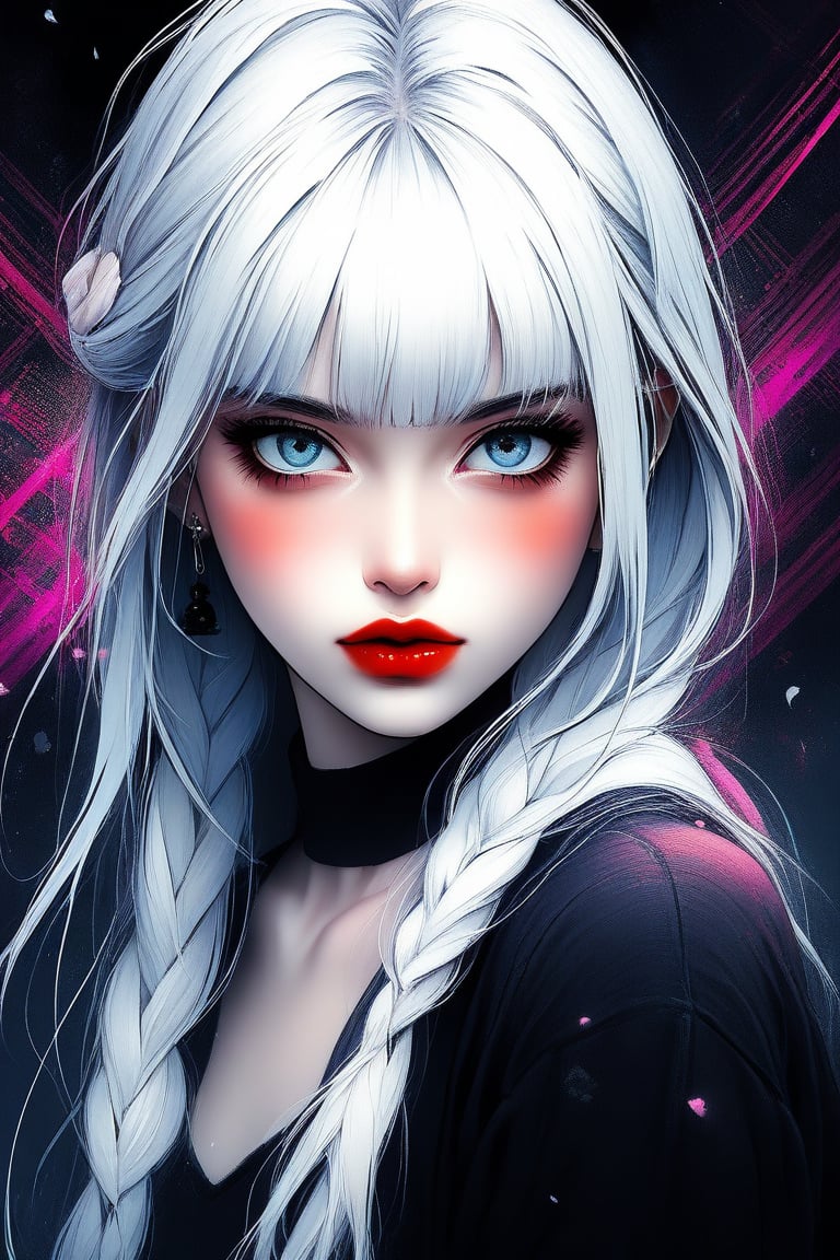 Stunning Overdetailed masterpiece, Marc Silvestri style, Victoria Frances style, manga  style, mixed with dark elements, high resolution, vibrant colors, realistic skin, fantasy, Digital painting, aesthetic, score_9, score_8_up, score_7_up, score_6_up, GLSHS, 1girl, white glowing hair, black lips, partially illuminated, dark theme, casual clothes lift, vibrant eyes, legendofnerd style, BREAK simple background, diagonal abstract structure on background,