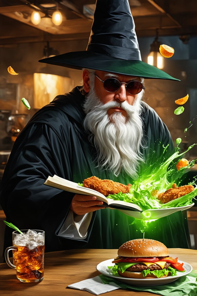 old man\(wearing wizard robe, long white beard, wizard hat, wearing sun glasses, side view), releasing magical green energy, (salad, fried chicken, burger meat and soda with ice are flying in the air), background(fast food restaurant kitchen indoor, fast food employees shoked), (masterpiece, highres, high quality:1.2), ambient occlusion, low saturation, High detailed, Detailedface, (shot from distance), intricate details, dreamlike, concept art, illustration, highly detailed, splash art, artbook, beautiful image, fantasy, realistic