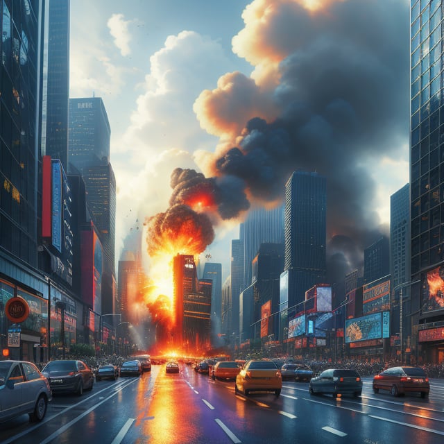 A masterpiece depicting a bustling metropolis with towering skyscrapers and a vibrant cityscape. Streets teem with a diverse array of vehicles and pedestrians, reflecting the daily hustle and bustle. Amidst this lively scene, a sudden and dramatic explosion occurs at a 26-story building in the distance, causing widespread panic among the onlookers. The explosion is rendered with hyper-realism, showcasing a massive fireball and plumes of white and black smoke rising ominously into the sky. The composition utilizes deep focus and dynamic lighting to enhance the sense of chaos and urgency, with sharp contrasts between the bright city lights and the dark, foreboding smoke. The atmosphere is charged with tension and fear, capturing the stark reality of the unexpected disaster.