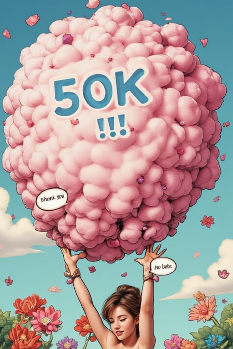 A beautiful woman is comically squished beneath a large pink cotton ball with 50K written in blue. Her arms and legs are stretched out from under the weight, with speech bubbles saying thank you. The scene is set in a whimsical, cartoon-like environment, with exaggerated expressions and playful colors.