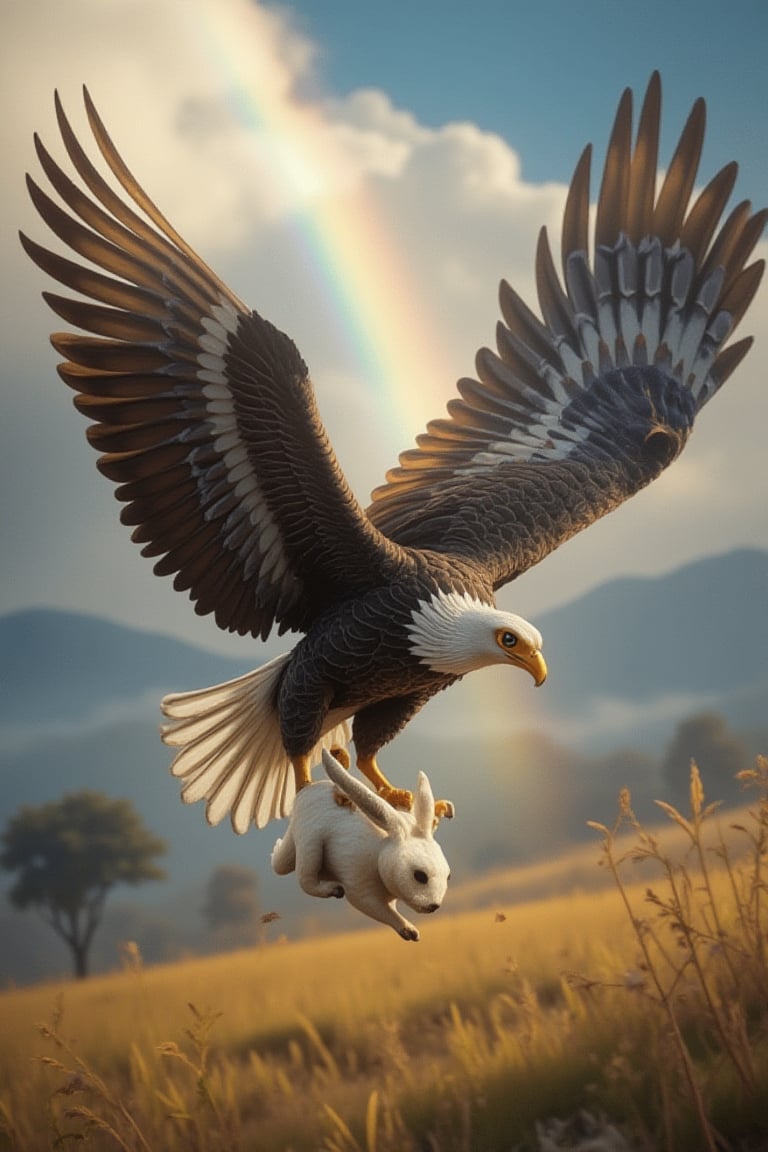 Close-up, 8K, RTX, official art image of a vulture flying in the air, spreading its large wings and diving towards a prairie below. In an instant, its powerful claws grab a white rabbit. The vulture clings to it tightly and flies upwards, illuminated by light and shadow, showcasing the beauty of its power. The scene captures the miraculous beauty of the rainbow, with ultra-high-quality photography, creating a masterpiece that transcends reality. Light, shadow, and photography won gold medals.