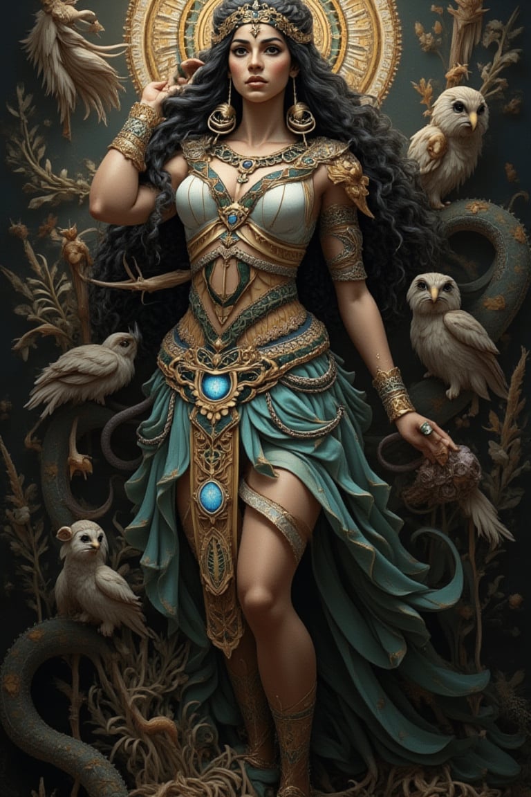 Masterpiece, top quality, best quality, official art, beauty and aesthetics: 1.2, extremely detailed, fractal art: 1.3, colorful, supreme details, dreamy atmosphere, vibrant colors. The image of the goddess Athena merged with the beautiful face of an Indian girl, a mythical creature from Greek mythology. She has a warlike and majestic temperament, patron saint and goddess of the palace, surrounded by owls, olive branches, snakes, reed pens, spinning rods, and spindles. A goddess of beauty and wisdom, one of the Twelve Olympians, the background is dimly lit with shadows highlighting her slender figure. The overall atmosphere is one of mystery and awe, capturing her powerful and blessed nature.