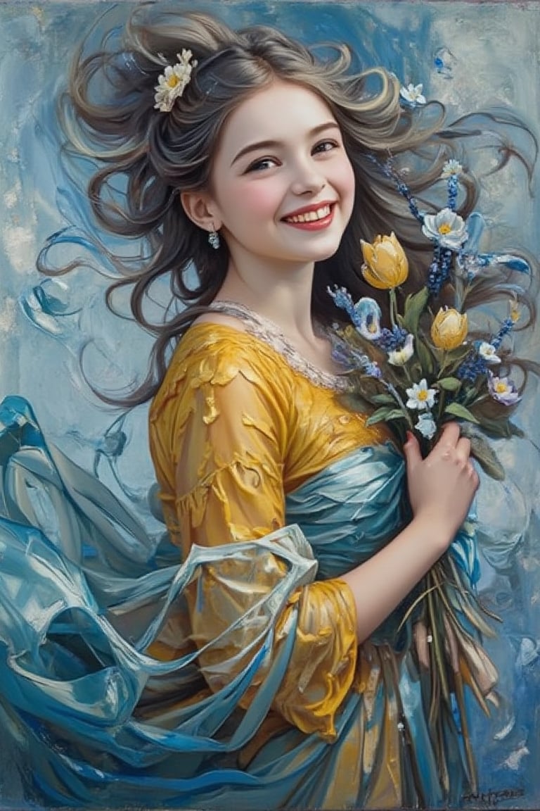 The vibrant oil masterpiece showcases ethereal beauty, with flowing hair holding flowers to the chest. Soft tones of cerulean and slate gray swirl around her, as if the brushstrokes themselves are alive. The work is a symphony of abstract shapes that echo the work of Beksinski, Pacheco, Sutherland, and Adams. Van Gogh's expressive brushstrokes imbue the work with an otherworldly essence, as if the fabric of reality is being manipulated on the canvas. The contrast between light and dark is intentional, drawing the viewer's attention to the subject's enigmatic smile.