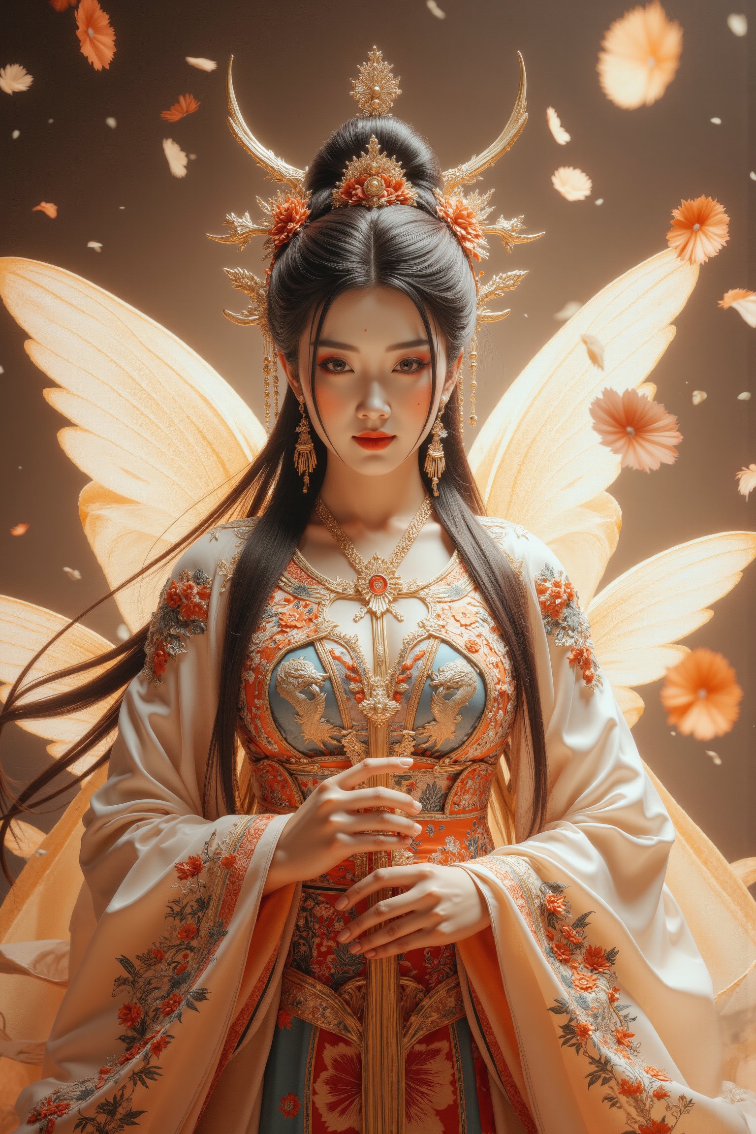 1girl, imagine an ancient Chinese goddess: the goddess Nuwa, wearing a gorgeous and beautiful Han Dynasty dress, and there is a fairy ribbon on her hand. The Hanfu all over her body floats naturally like a magic spell with fairy energy. The clothes she wore were not earthly clothes. They were made of heavenly materials and could not be found on earth. She used magic to make herself levitate in the air. She is very beautiful, even more beautiful than the angels in the West. She is an ancient Chinese goddess. Her face is very beautiful, and even the current Korean supermodels cannot compare to her. The clothes are decorated with intricate Chinese Hunan embroidery, floating gracefully in the air. She looks directly at the viewer with a beautiful smile that makes those who see her feel happy about her. Her clothes exude divine grace and power, and the rich colors and luxurious fabrics symbolize her divine status. As she travels through the void of space, the goddess embodies the timeless beauty and wisdom of the natural world, inspiring awe and reverence in all who see her. Super masterpiece.,wonder beauty