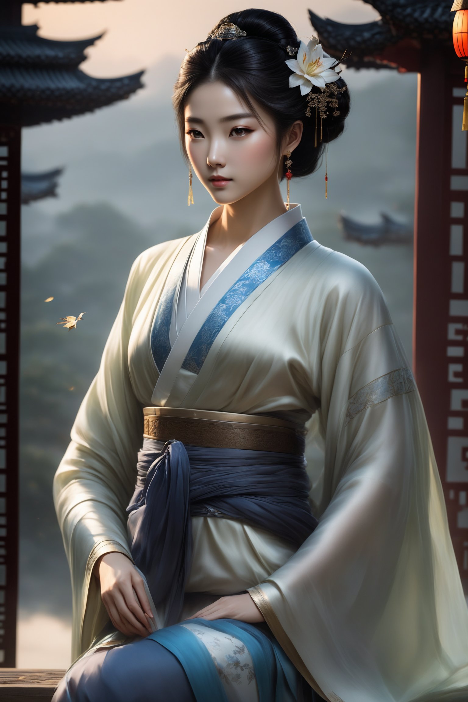 A woman with three-dimensional facial features that are more beautiful than modern Korean female supermodels. She has beautiful big black eyes and bright, long and dense eyelashes. She wears a Han Dynasty lily bun, exquisite and gorgeous hair accessories, and her whole body is very charming, but Because as a killer, her eyes have a very strong killing intent. In order to hide her identity, she sometimes wears various Hanfus worn by ancieA woman with three-dimensional facial features that are more beautiful than modern Korean female supermodels. She has beautiful big black eyes and bright, long and dense eyelashes. She wears a Han Dynasty lily bun, exquisite and gorgeous hair accessories, earrings, rings, and bracelets. , hairpin, and very attractive all over, but because she is a killer, her eyes have a very strong killing intent. Sometimes in order to hide her identity, she will wear various Hanfus worn by ancient Chinese women, and follow the wind. The shiny and delicate long black hair and clothes are fluttering in the wind. She is an ultimate masterpiece. Her body proportions are also very good, which was very rare in ancient times. The ratio of head to body is 1:8. Every time she looks at the audience, the audience will be deeply attracted by her. She is deeply attracted and beautiful, but you will also be shocked by her eyes. Her whole body is extremely detailed. She is both a beauty and a talented person. There will always be an exquisite and rare long sword on the belt around her waist (it is refined in ancient times and can break the sword and iron). She is very beautiful when she wears the beautiful ancient gorgeous and exquisite Hanfu.
Background: The vast starry sky, a bright moon, exquisite ancient buildings, ancient trees, and ancient gardens. There are many fireflies in the garden, which makes the garden more beautiful. light and shadow. Exquisitely detailed oil painting designs complement modern film effects and lighting