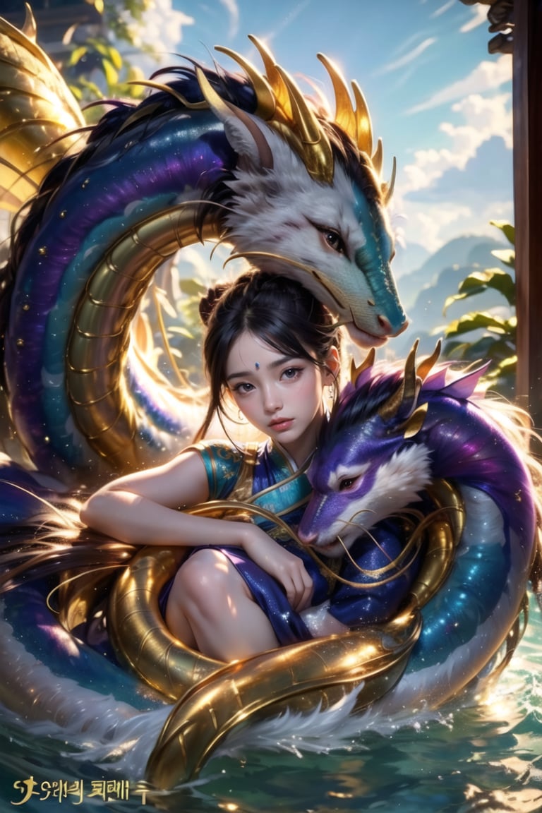 Best quality, masterpiece, super high resolution, (reality: 1.4), original photo, Korean girl 18 years old, she is wearing Han Dynasty women's clothing, fetish style, her beautiful purple-black hair is pulled into Han Dynasty lily bun , hair because the dragon shuttles in the clouds. Therefore, the beautiful light is also reflected by the sunlight. She rides an Eastern dragon. This dragon is a golden dragon with radiant light. It is the water god who rules the sky. The light and shadow are very beautiful. The girl's eyes are blue and have light spots. She has long and lovely eyelashes. She and the dragon happily shuttle around in the clouds. The beauty and the dragon are surrounded by clouds and water vapor. Both the dragon and the beauty are affected by this atmosphere and are very happy. The girl's lips were also slightly curled up in a smile. The dragon's body is about 6 days long and has four claws. This is photography of the highest quality. Light and shadow, masterpiece, superb.
