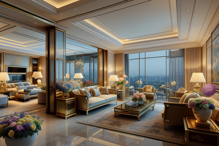 Luxurious interior design scene, the living room and the room have a transparent crystal wall as a partition, and the spacious room is equipped with elegant, high-style furniture. It includes a luxurious bed with bedside table (the bedding is made of high-grade silk), sofa, tea table, chairs, luxurious bookshelf, and out-of-print books worth tens of thousands of dollars. Paintings by ancient Chinese masters, stylish lamps, lush potted plants, large-screen plasma TVs and expensive, sophisticated coffee tables. The color system is mainly blue. The flowers grown in decorative pots change every day: they are all bright and lively, making the room appear more vibrant. Luxurious, soft lighting should create a warm, inviting atmosphere and highlight the rich textures and fine details of the furniture. Between the living room and the room, there is a staircase in the corner of the living room that leads up to the high-ceilinged upper room. Those are studios, with computers and all the equipment needed for office work. There is a bathroom downstairs and one upstairs. They are all designed to be luxurious and technological. It also has an elegant taste. . The composition should be balanced and capture a tranquil yet gorgeous atmosphere. High-quality official art style demonstrates meticulous attention to detail and flawless execution. Light and shadow allow each object to be expressed in the highest quality detail. Light and shadow. Movie high quality photography effects. Solo, unparalleled masterpiece.
