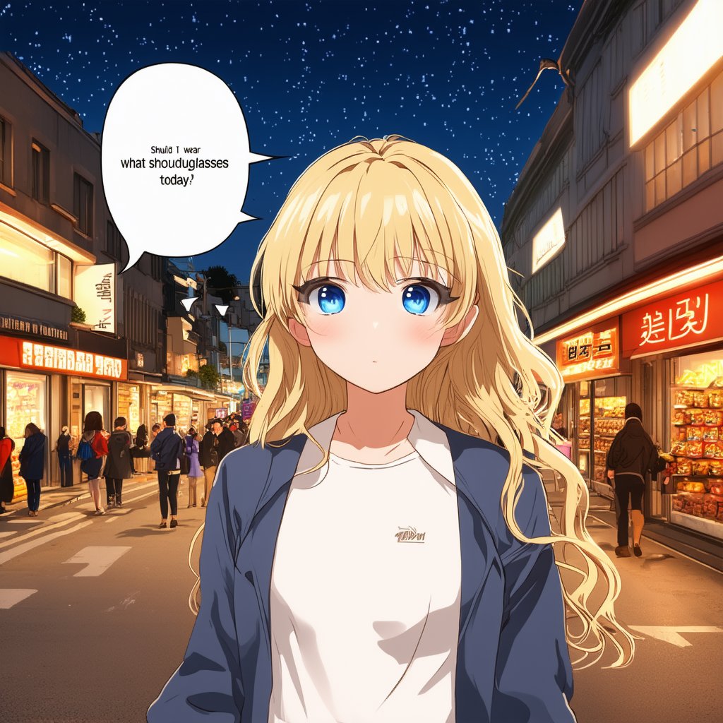 Stunning RTX, 8K HDR, a beautiful Korean female supermodel girl with big blue eyes, long thick eyelashes, beautiful long blond wavy hair, the female supermodel goes out to buy snacks, wearing casual clothes, walking On the street. As she walked, she thought: What should I buy today? There will be a comic dialogue box on this screen, and the words inside are psychological words. This is anime style. Picture perfect. Correct body structure, girl's tall figure of 175 cm. Very noticeable on the road. The girl thought again: (dialogue box) Should I wear sunglasses? Background: sky full of stars, brightly lit streets. There are many people passing by. Full of joyful atmosphere. light and shadow.
Anime style. Super masterpiece..