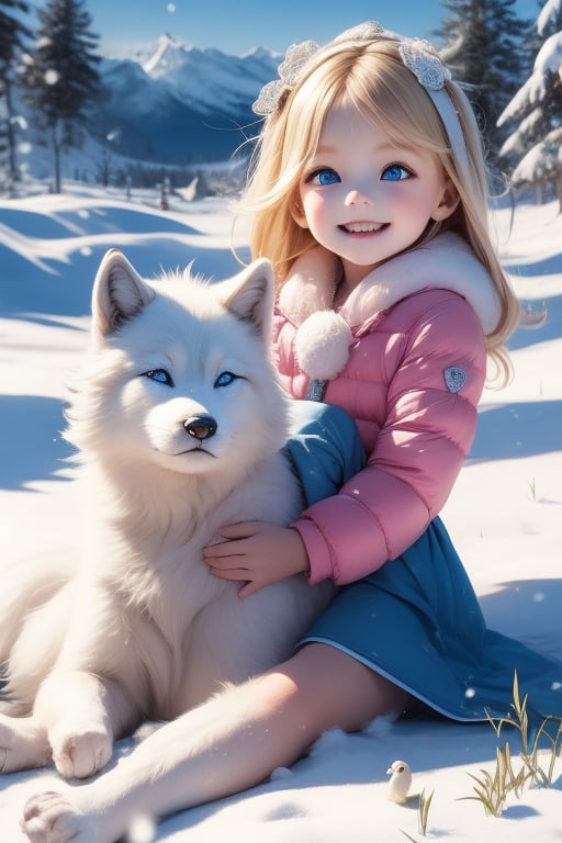 A little girl with blond hair and very fair skin. She is only 4 years old, but she grew up with a snow wolf with white fur and blue eyes. The snow wolf loves the little girl very much. He can put her to sleep and carry her on the grassland. The little girl always smiles happily. The little girl is extremely beautiful, with blue eyes, very lively, and long and thick eyelashes. To make her even more beautiful, she would often roll around on the grass with the snow wolf. The little girl wears all kinds of cute clothes. Outdoors, sunshine, mountains, trees, flowers, birds, butterflies. light and shadow. 