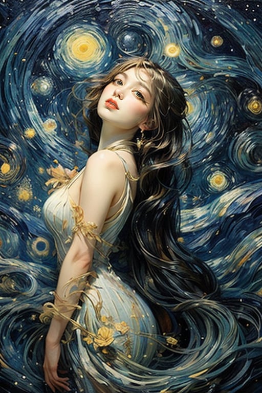 The portrait of a beautiful girl with golden silky long hair and dreamy contact lenses is centered and the composition is in perfect proportions. It combines Van Gogh's blue "Starry Night" color, Dali's Surrealism, and Mucha's Art Nouveau style to present A harmonious dream where reality and fantasy are blurred. The wedding is full of fantasy flowers, complexity and mystery. light and shadow.
