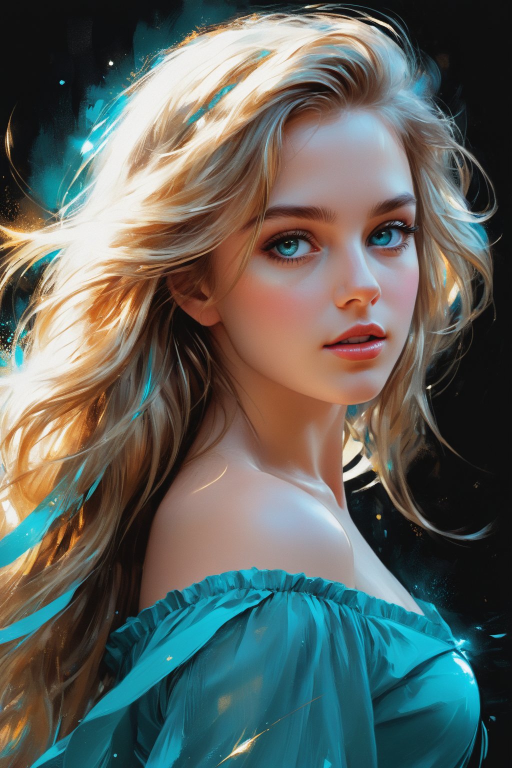 mj, RTX, 8k, HDR, best quality, cinematic story, (masterpiece), Andrey Atroshenko, Tanya Shatseva, Ross Tran, Anna Razumovskaya, art, realistic art, digital illustration, portrait, bright saturated colors, girl's turquoise eyes Big and lively, with long and dense eyelashes, the eyes seem to be able to speak and be lively, attracting the eyes of all viewers. And the beautiful long wavy hair, as golden as silk, flutters in the wind, showing extremely flamboyant beauty. Inappropriate. Stunning beauty.
Digital art, light and shadow art are also integrated into all of them. Vivid narrative realism, art by Carne Griffiths and Wadim Kashin