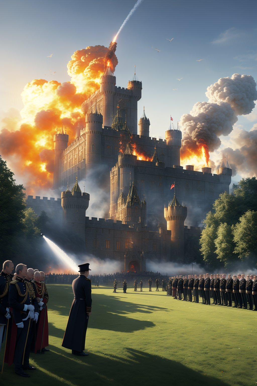 A masterful piece of official art, blending ink and oil painting techniques to create a cinematic quality scene. The setting is a grand castle reminiscent of Egeskov Castle, now under siege with a powerful explosion on its western side, spewing intense fire, smoke, and dark clouds. Castle security personnel are frantically attempting to extinguish the flames and calling for emergency fire trucks. The castle's owners, a distinguished British royal family, including a handsome, tall duke in a bespoke black suit, have evacuated to a safe distance on the lawn, contemplating the attack. The daytime event has drawn the attention of nearby residents, adding to the tension. The artwork captures the stark realism of the explosion, surpassing typical film effects, instilling fear of further danger. The composition features strong contrasts of light and shadow, enhancing the dramatic impact and sense of urgency. This piece stands as a testament to the artist's skill in conveying a high-stakes narrative through vivid, lifelike imagery.