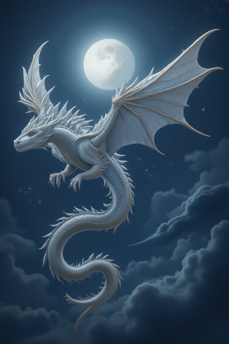 A silver-scaled dragon soars in the moonlight, its long and sinuous body and outstretched wings flying through the midnight stars. Moonlight highlights the intricate patterns on its scales, hinting at its ancient and dangerous nature. This AMD Art masterpiece captures the majestic and mysterious essence of the dragon, showcasing its powerful presence and the ethereal beauty of the night sky.