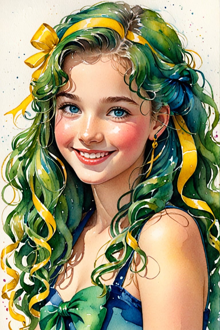 (Author Conrad Rosset), (1949s, 16-year-old girl, cute smile, blue eyes, long curly hair, green hair, yellow ribbon, wink), mixed color watercolor, drawing, (deliberately beautiful),,