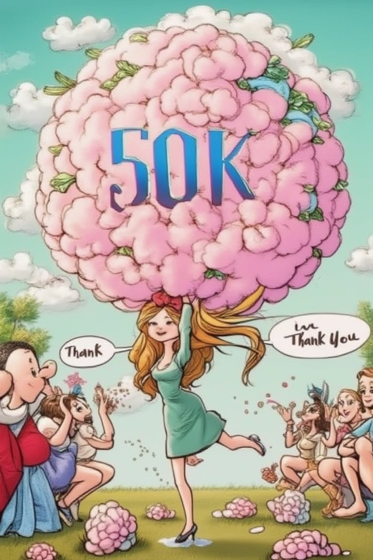 A beautiful woman is comically squished beneath a large pink cotton ball with 50K written in blue. Her arms and legs are stretched out from under the weight, with speech bubbles saying thank you. The scene is set in a whimsical, cartoon-like environment, with exaggerated expressions and playful colors.