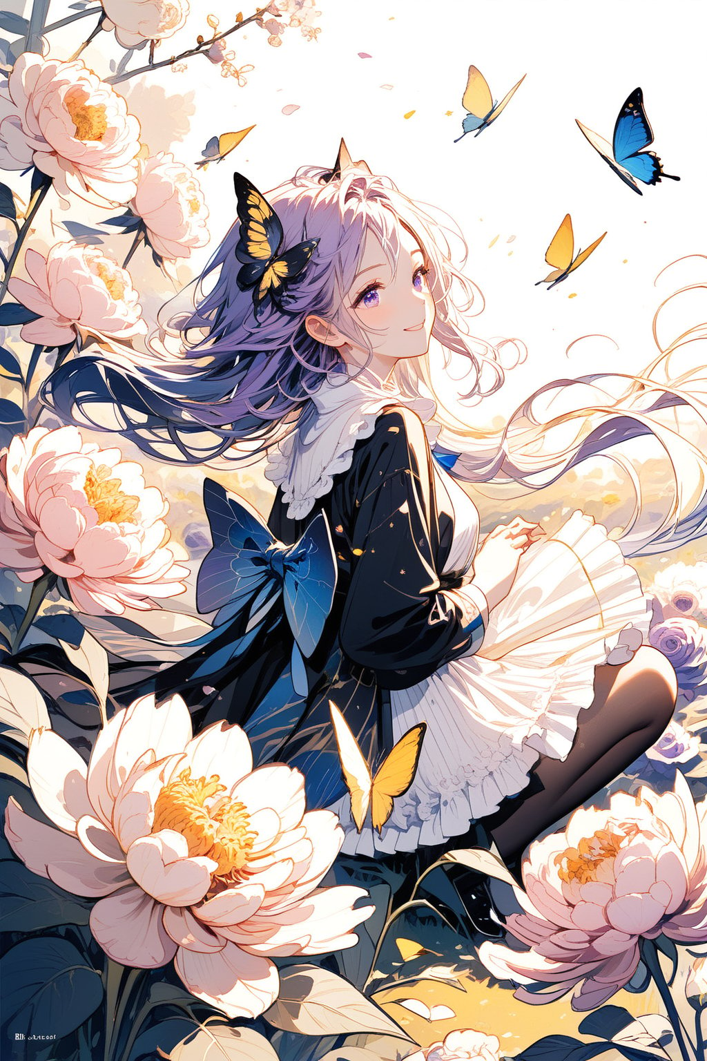 girl, solo, looking at the audience, smiling, with big purple eyes and long, loving eyelashes. Her eyes are bright and shiny, and her long purple hair is very beautiful and flutters in the wind, giving her a very romantic atmosphere. There are also yellow butterflies with purple lines, black butterflies with yellow lines, and blue butterflies with light pink lines. There are also peonies, large perfume lilies, large yellow chrysanthemums, and a traditional literary platform. Character names, no human beings, roses, bugs, butterflies, blue flowers, blue butterflies, black flowers, black roses, light and shadow, a very outstanding and beautiful masterpiece of characters. full body , light and shadow
