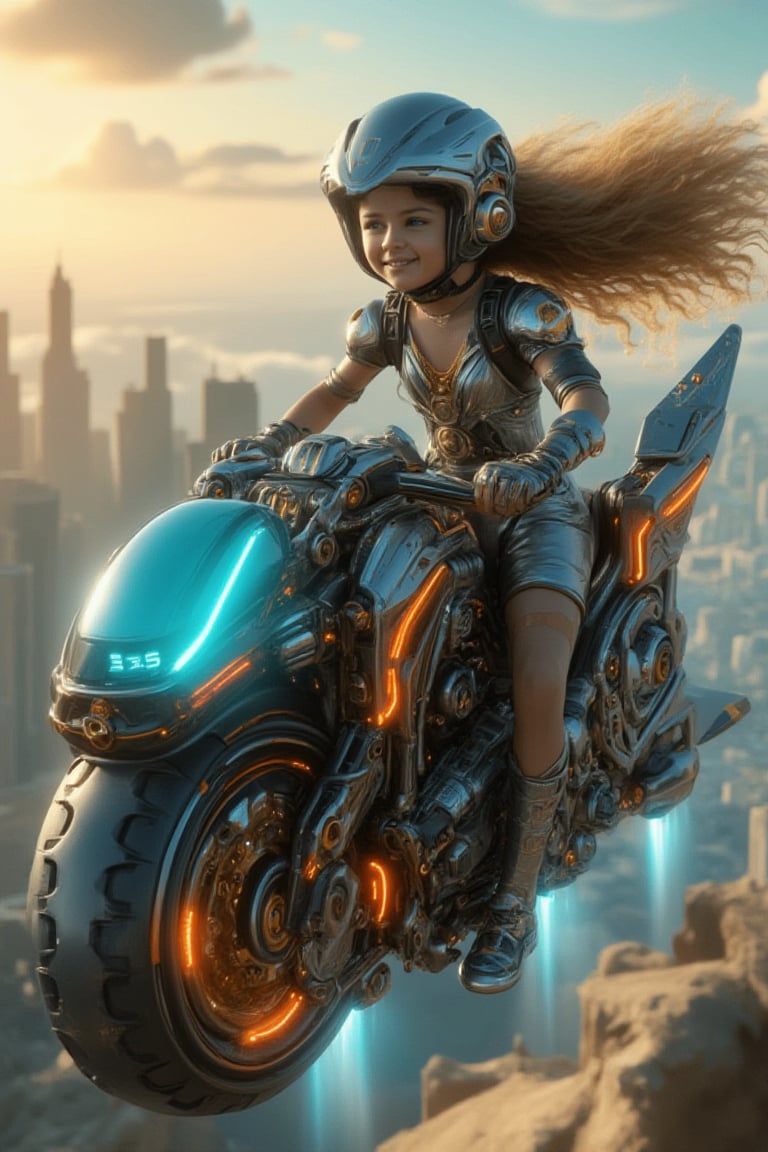 A beautiful young girl with perfect Western facial features, big blue eyes, long eyelashes, and long curly blond hair, wearing silver tights and a bank helmet, sits on a heavy motorcycle with propellers. The motorcycle, adorned with neon decorations, flies in the sky. She rides the motorcycle aircraft, looks at the camera, and smiles happily. The scene is set in a futuristic cityscape under the sun, with thrusters visible. The artwork is a Rococo-style masterpiece, showcasing future technology and sci-fi elements.