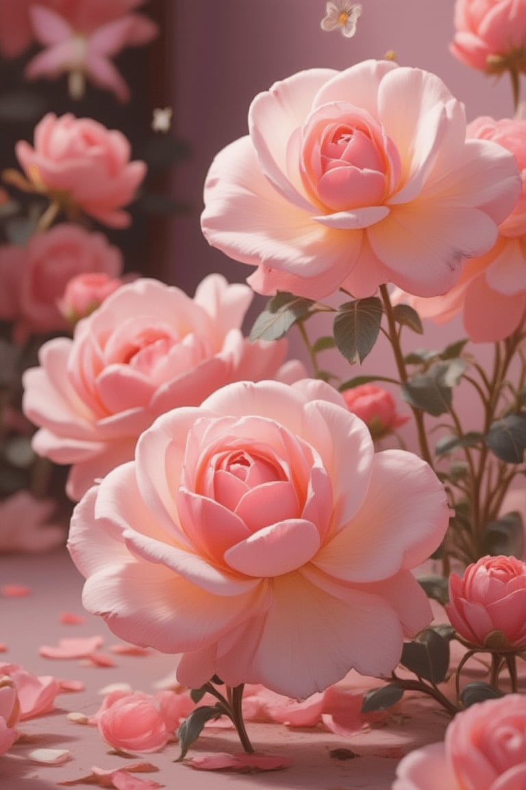 Photorealistic image of pink blooming roses in various sizes, with delicate petals gently falling from their stems. The background is intentionally blurred to focus attention on the rose's vibrant beauty. Petals scattered across the ground create a romantic atmosphere. In this serene setting, a few butterflies flit about, adding whimsy and wonder to the scene.