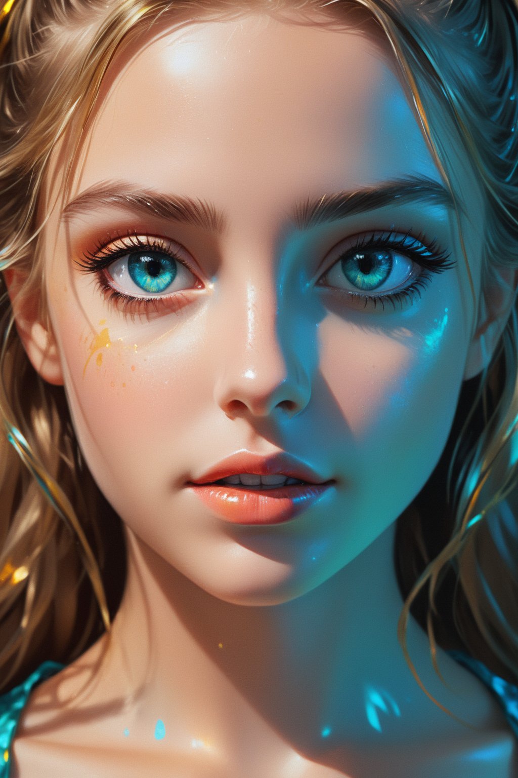 mj, RTX, 8k, HDR, best quality, cinematic story, (masterpiece), Andrey Atroshenko, Tanya Shatseva, Ross Tran, Anna Razumovskaya, art, realistic art, digital illustration, portrait, bright saturated colors, girl's turquoise eyes Big and lively, with long and dense eyelashes, the eyes seem to be able to speak and be lively, attracting the eyes of all viewers. And the beautiful long wavy hair, as golden as silk, flutters in the wind, showing extremely flamboyant beauty. Inappropriate. Stunning beauty.
Digital art, light and shadow art are also integrated into all of them. Vivid narrative realism, art by Carne Griffiths and Wadim Kashin