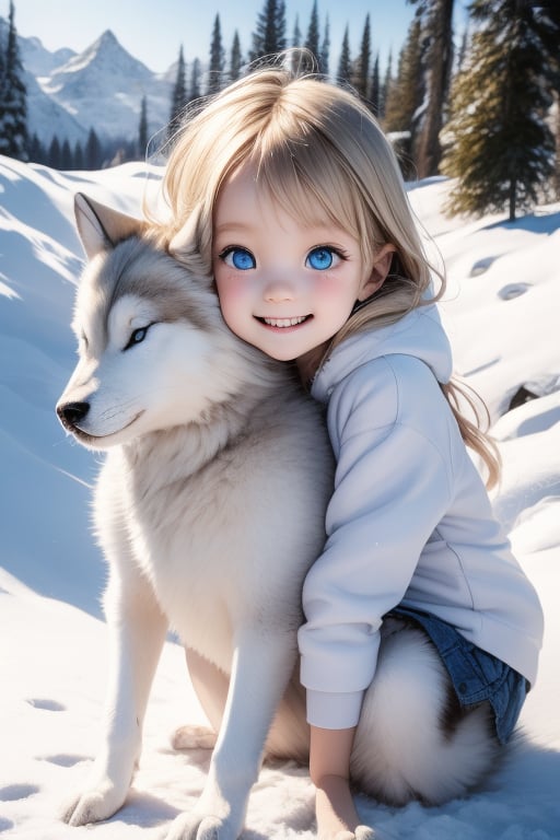 A little girl with blond hair and very fair skin. She is only 4 years old, but she grew up with a snow wolf with white fur and blue eyes. The snow wolf loves the little girl very much. He can put her to sleep and carry her on the grassland. The little girl always smiles happily. The little girl is extremely beautiful, with blue eyes, very lively, and long and thick eyelashes. To make her even more beautiful, she would often roll around on the grass with the snow wolf. The little girl wears all kinds of cute clothes. Outdoors, sunshine, mountains, trees, flowers, birds, butterflies. light and shadow. 