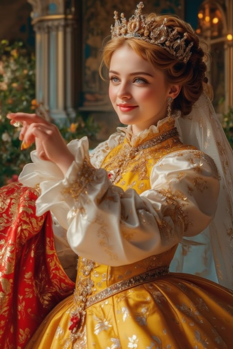 Close-up of a young girl with beautiful big eyes and long thick eyelashes, aged 20, resembling Queen Elizabeth I of England. She wears a crown and a gorgeous queen's dress, standing gracefully in a full-body shot. Dancing to enchanting music, she smiles happily, immersed in the charming melody. The scene is set in a lavish palace, exquisitely detailed. High-quality artwork inspired by Alphonse Mucha, Boris Valejo, Anne Boonchuy, art_booster, BlackworkStyleManityro, WOWAI, Expressiveh, and Apoloniasxmasbox.