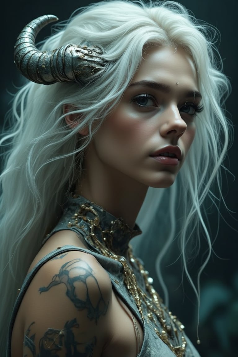 A beautiful ethereal creature with two long silver shiny horns, adorned with bracelets and armbands, showcasing delicate facial features, sharp eyes, long and thick eyelashes, plump lips, and sharp teeth. Wearing complex costumes, she embodies a fantasy creature, captured in a full-body shot with cinematic lighting, highly detailed, 128k photorealism, dramatic colors, and a moody atmosphere. The digital art showcases her mystical presence.