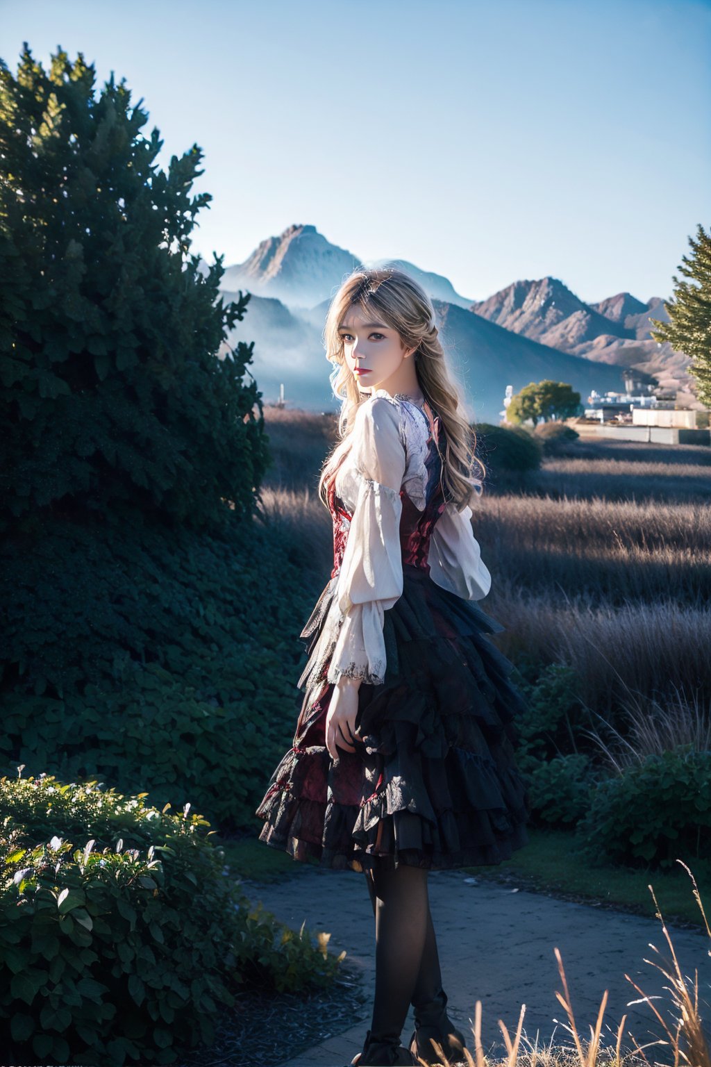 A charming digital art portrait of a young woman, located in the right third of the frame. Background: blue sky and white clouds, simple and tidy, perfect light, 1 girl, Guan Xiaotong, Lin Chiling, the beauty has blue eyes, long and dense eyelashes, and the golden ratio of the facial features is extremely beautiful. Beautiful long wavy blonde hair that is so silky. When it is illuminated by the sun, it also reflects a beautiful golden light, which is extremely beautiful. A masterpiece, of the highest quality. Light and shadow, visual design. Cinematic high-speed photography effects. Back star: mountains, water, flowers, trees, grass, butterflies, birds, eagles, drones. Full body, viewing the viewer from top to bottom.
