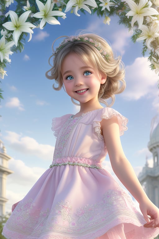 A high-quality, close-up, full-body shot of a young girl with striking light blue eyes and long, thick eyelashes, reminiscent of an 18-year-old Nicole Kidman. Her hair is delightfully messy, adding to her youthful charm. She is dressed in a variety of beautiful little dresses and casual wear, all in popular styles, showcasing her elegance and style.

The scene captures her standing and dancing joyfully to the music, her happiness radiating through her expressive face and graceful movements. Above her, the sky is adorned with intricate braids of lilies, creating a breathtaking, ethereal backdrop that complements her beauty.

The illustration is inspired by the artistic styles of Alphonse Mucha, Boris Valejo, and Anne Boonchuy, blending their unique aesthetics to create a visually stunning and expressive piece. The use of BlackworkStyleManityro, WOWAI, and Expressiveh enhances the detail and impact of the artwork, while Apoloniasxmasbox adds a touch of festive elegance.

This masterpiece combines various artistic influences to create a harmonious and captivating image, highlighting the girl's beauty and the enchanting atmosphere of the scene.