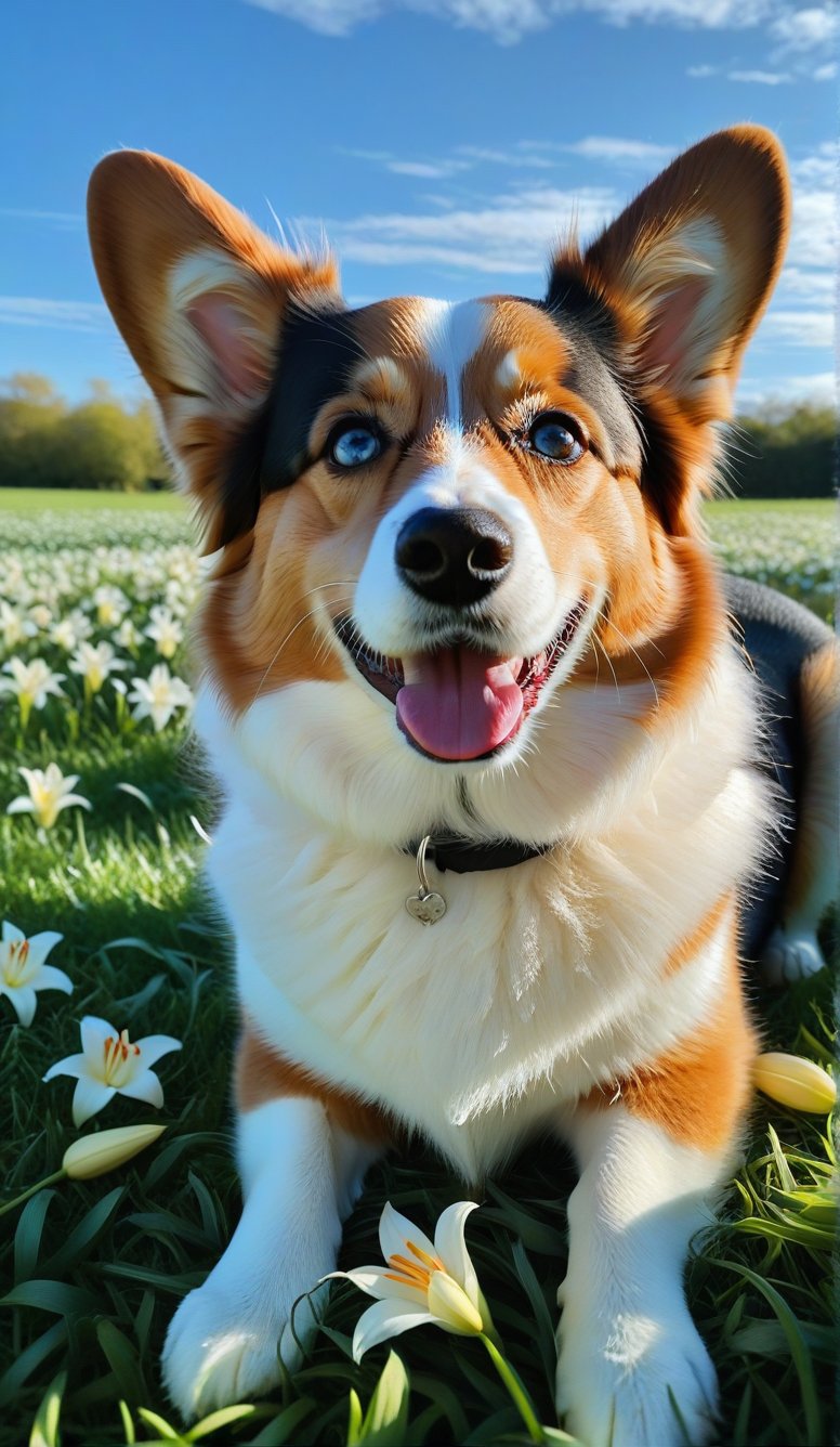 Close-up, a cute dog with light blue eyes and long thick eyelashes. She is a 2-year-old Corgi with messy hair. Full body shot. She is lying on the grass with her belly facing the sky and her smart eyes. Looking at the audience, looking happy. There are also braids of lilies all over the sky, which are extremely beautiful. High quality. Modifiers: Alphonse Mucha, boris valejo dedecent illustration, Anne Boonchuy, art_booster, BlackworkStyleManityro, WOWAI, Expressiveh, Apoloniasxmasbox