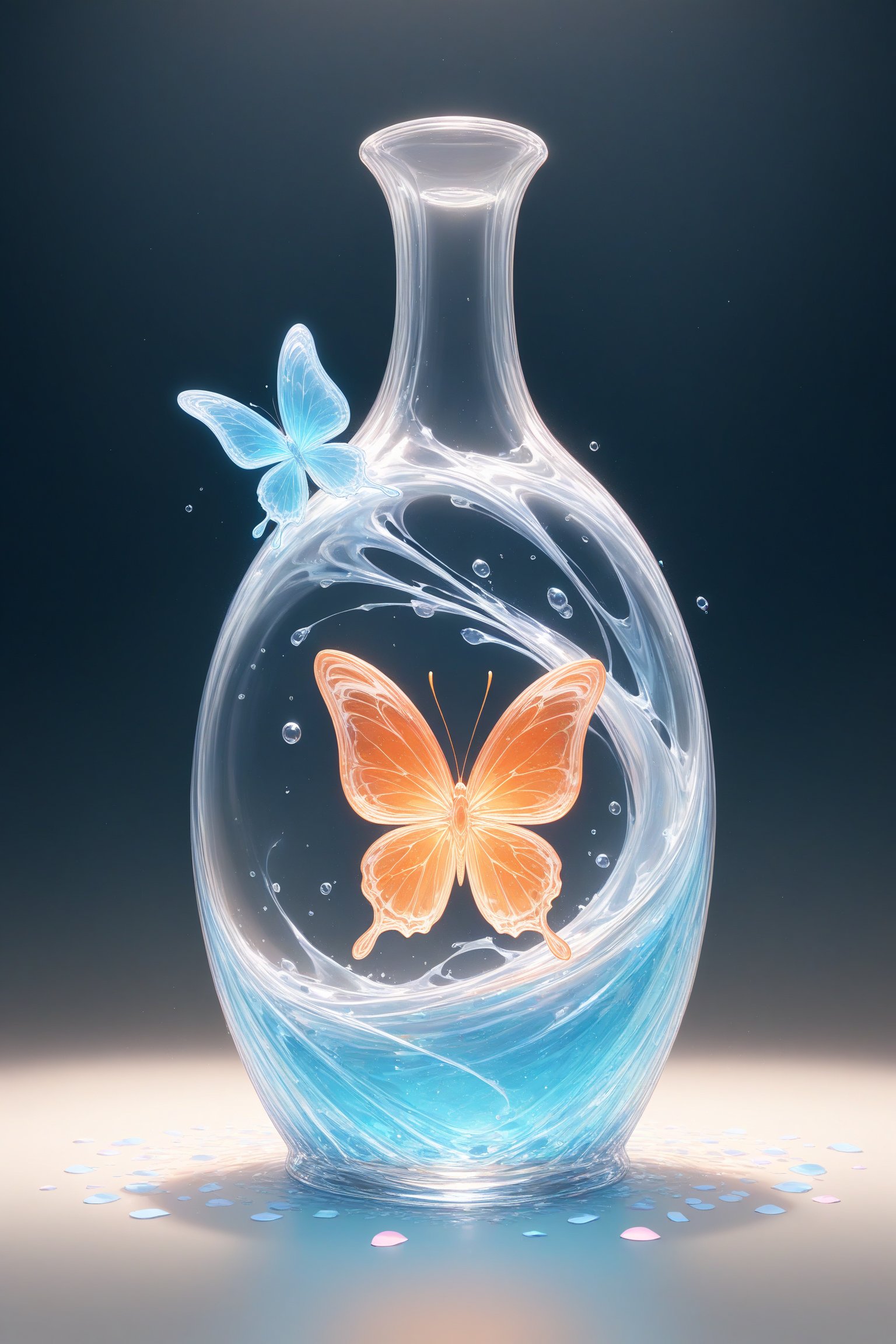 {Elegant large crystal clear crystal glass bottle with beautiful curves, filled with marbled light orange and white and blue liquid (clear), forming the shape of a butterfly. Fox and texture. Smooth object contours and undulating dynamic movement. Pastel petals float around the vase. }}