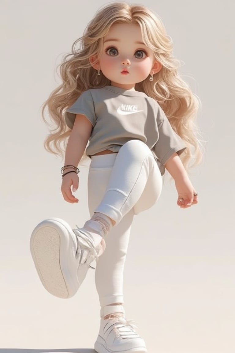 A simple background with a cute little girl with long blond wavy hair, wearing hair accessories, bracelets, and earrings. She is dressed in a gray T-shirt top and white NIKE yoga pants, doing yoga stretching exercises with her left leg raised and hands on the ground. White Nike sneakers are clearly visible, and her lips are slightly pursed, looking adorable. The scene focuses on her playful expressions and bright colors. The artwork is beautifully polished, capturing the essence of joyful moments. Soft natural lighting, mid-shot framing highlighting her cute pose and attire.