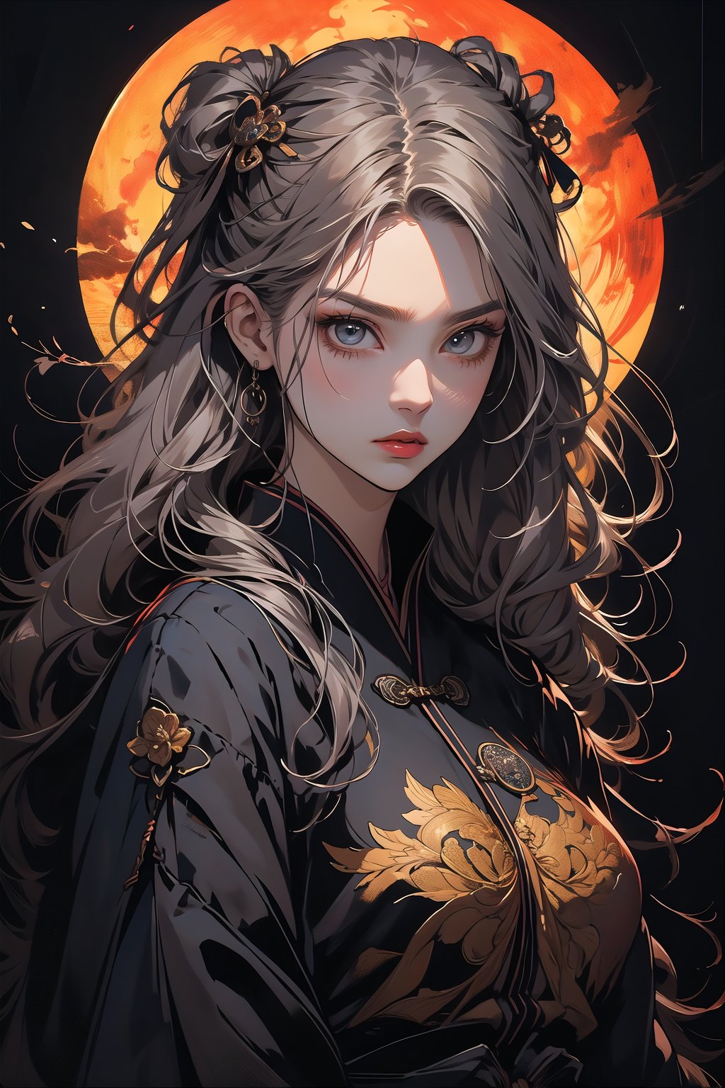 (super perfect quality masterpiece and detailed details), beautiful black plot, complex, extremely high clear resolution, complex lines, (exquisite drawing), 1girl photo of beautiful ancient Chinese girl wearing black clothes holding a sword Long wavy silver hair, hair shining in the moonlight, long sword, weapon, black mask, duet, underwear, big blue eyes, long and thick eyelashes, Han Dynasty general style clothing, print, medium breasts, looking straight The audience's eyes showed a fierce and intense emotion. The audience felt the atmosphere strongly. Ponytails, hair accessories, flowers, and blood splashed into several fox lines, perfect killing skills, the enemy fell, and the throat was sealed with a knife, super delicate and clear, perfect illustration,
BREAK Beautiful lighting, beautiful glow, Vadim Kass’ artistic style plus Jae Hyun Art. light and shadow.whole body.