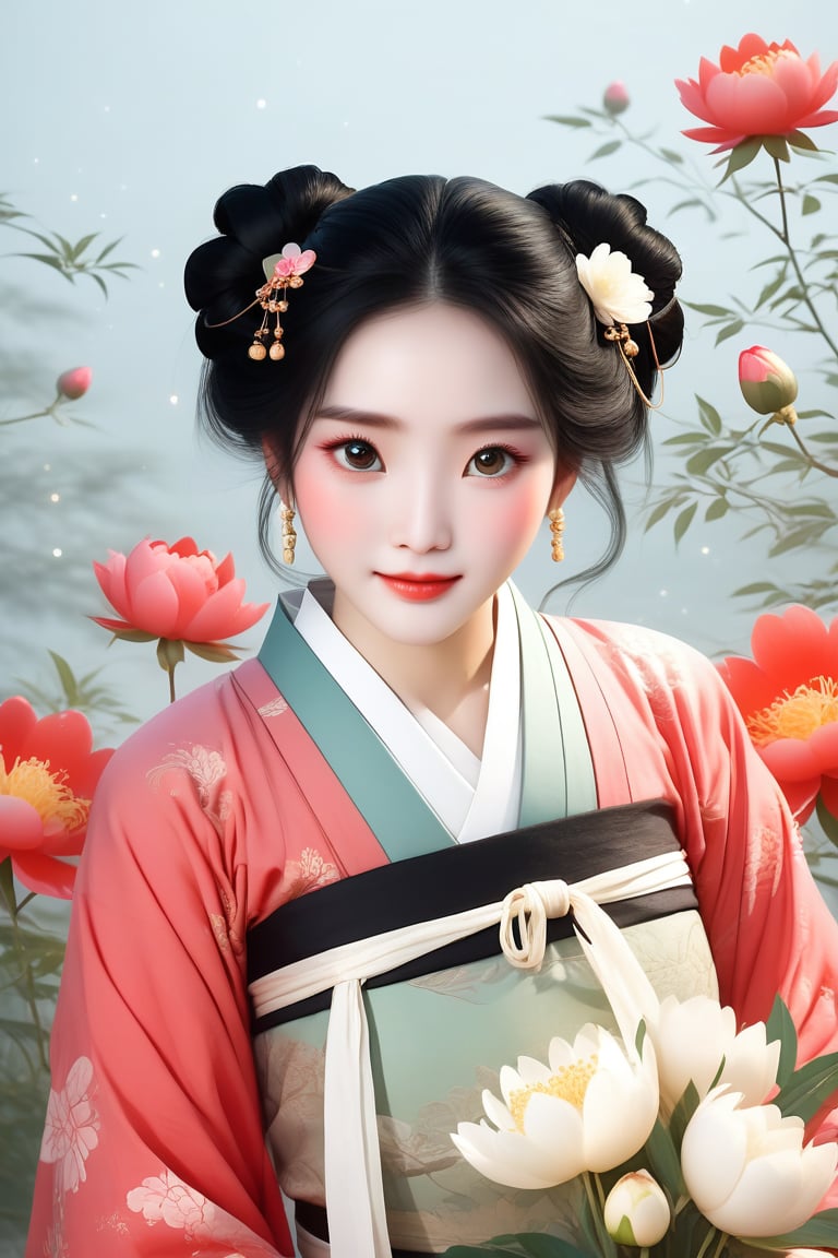 Close-up of a stunningly beautiful girl, Chinese Han Dynasty girl, with big eyes and long eyelashes that make her eyes more lively and beautiful, wearing Han Dynasty clothes and hairstyle, with stunning black hair and long She has thick eyelashes and holds a delicate bouquet of peonies on her fingers. When she looked directly at the audience, she smiled. Her whole body exuded an otherworldly light, and every contour and object on her body seemed to be illuminated by light and sparkle. In the peaceful atmosphere of a summer night, where trees stand tall, rivers flow quietly, and nocturnal creatures serenade them with their gentle chirps and croaks, our protagonist acts like a lovely beacon. In Vadimka's new style, every detail has been carefully crafted to create a realistic style that exudes elegance and wonder. (Masterpiece 1.2, 8K) Depth of field.,source_furry,score_5_up,score_6_up,score_7_up,score_8_up,score_9,han fu