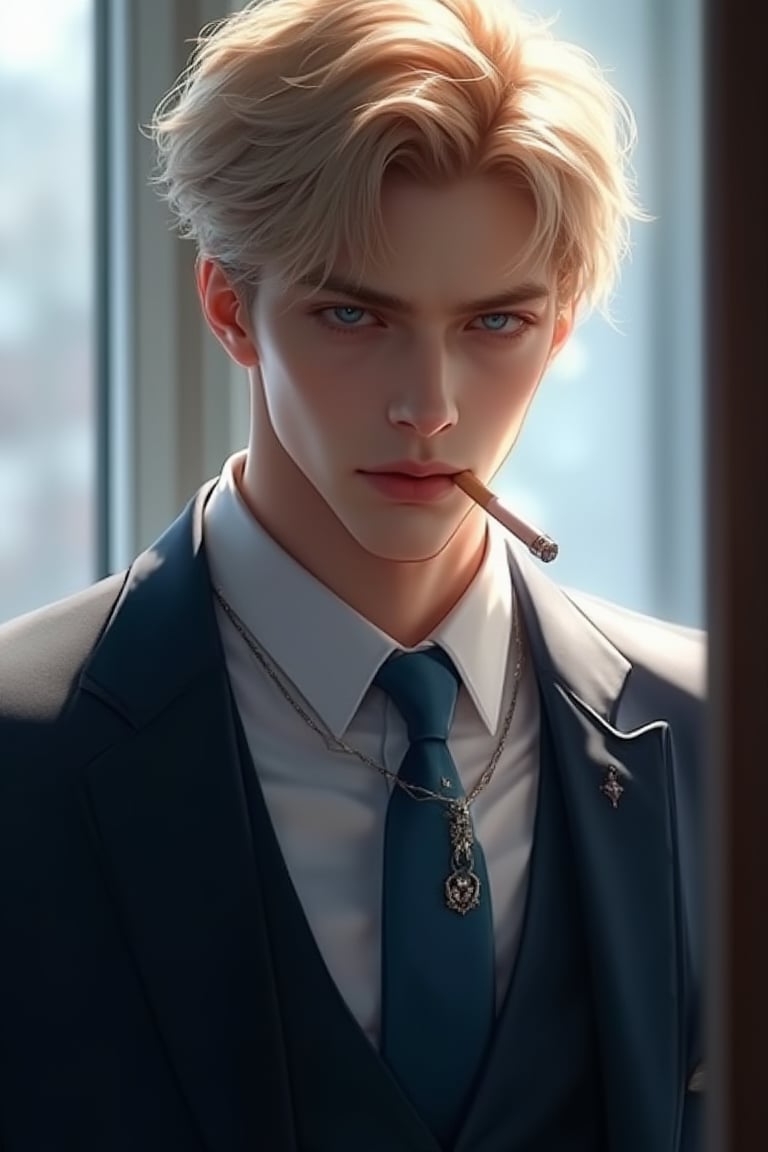 (Best picture quality, 128K, HD, Masterpiece: 1.2), super detailed, (real: 1.37), a man 188cm tall, with extremely white skin, short blonde hair like silk, wearing formal clothes, handsome and delicate, blue eyes, eyelashes Long, bushy, focused, with tightly pursed lips and a determined expression. He stood in front of the floor-to-ceiling windows of a large private office, under the backlight, smoking a cigarette, and his mood was serious. He looked at the camera and smiled coldly. One smooth motion. Male focus, silver blue tie, watch, sapphire ring, black shiny men's leather shoes, high resolution details. Rococo art, anime style. Incredible and mysterious atmosphere. (full body display)