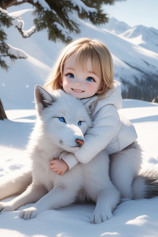 A little girl with blond hair and very fair skin. She is only 4 years old, but she grew up with a snow wolf with white fur and blue eyes. The snow wolf loves the little girl very much. He can put her to sleep and carry her on the grassland. The little girl always smiles happily. The little girl is extremely beautiful, with blue eyes, very lively, and long and thick eyelashes. To make her even more beautiful, she would often roll around on the grass with the snow wolf. The little girl wears all kinds of cute clothes. Outdoors, sunshine, mountains, trees, flowers, birds, butterflies. light and shadow. 