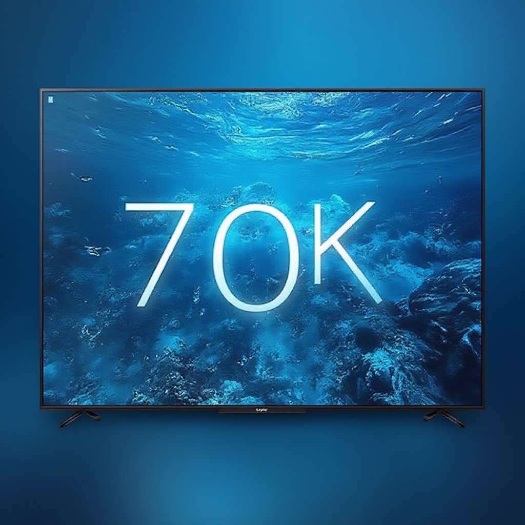 Digital art uses a flat head-up perspective. The text "70K" is displayed on the Sony 120-inch plasma TV screen, and the background is a beautiful deep sea scene. This best photograph captures the essence of modern technology and natural beauty, creating a masterpiece of visually stunning harmony.