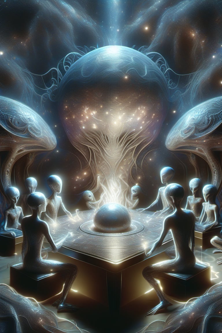 In a dimly lit, intricately decorated chamber on the astral plain, four extraterrestrial beings gather around a glowing table. Their iridescent, metallic bodies reflect the soft light of the setting, casting an ethereal glow on their playing hands. The creatures' large heads and bulbous brains seem to hum with excitement as they engage in a heated game of mahjong. One alien's long fingers deftly manipulate the tiles, while its companions eagerly await the outcome. Amidst the cosmic web of glittering lights and shadows, the group's camaraderie shines brighter than their shimmering attire.