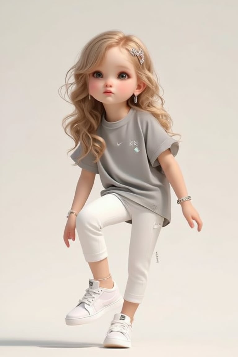 A simple background with a cute little girl with long blond wavy hair, wearing hair accessories, bracelets, and earrings. She is dressed in a gray T-shirt top and white NIKE yoga pants, doing yoga stretching exercises with her left leg raised and hands on the ground. White Nike sneakers are clearly visible, and her lips are slightly pursed, looking adorable. The scene focuses on her playful expressions and bright colors. The artwork is beautifully polished, capturing the essence of joyful moments. Soft natural lighting, mid-shot framing highlighting her cute pose and attire.