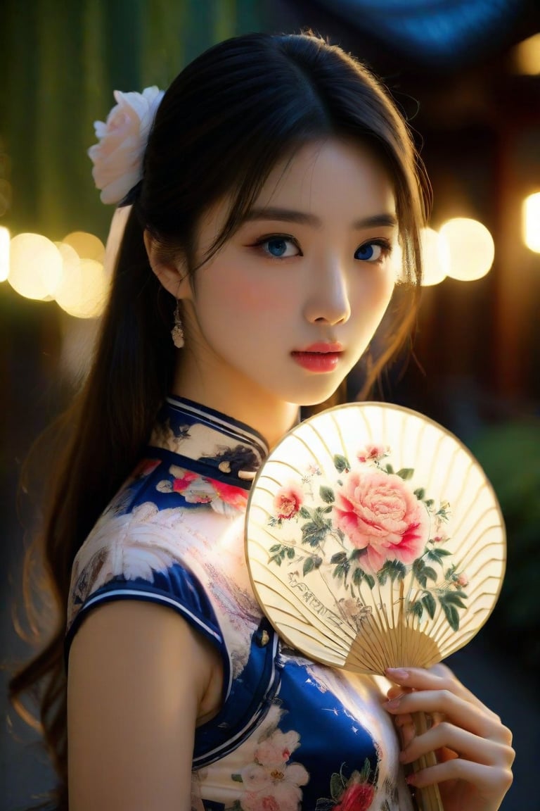 Professional photography: Alessio Albi, a Chinese girl who is more beautiful than a Korean female supermodel. The fan only covers her nose, revealing her beautiful big blue eyes, which are smart and lively, and her eyelashes are naturally long and dense. Peony pattern traditional cheongsam, exquisite Chinese round fan, silk fan surface, long bamboo fan handle body, very detailed details on the girl's face, holding round fan, long bamboo fan handle, Chinese calligraphy text written on the surface of the fan, among the stars In the night environment, nearby lights hint at the arrival of the festival. Highly detailed cinematic lighting, 8K resolution.
A superhuman masterpiece.
