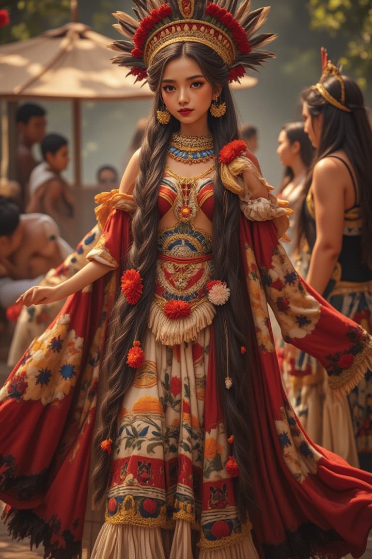 A high-resolution, 128K masterpiece featuring an ultra-detailed Aboriginal girl with extremely white skin, wearing a red and black harness, long braids of feathers, and high heels. Her arms are adorned with accessories, and her beautiful detailed eyes and lips complement her national costume with traditional patterns. She gracefully dances a traditional dance, showcasing her charming gestures and subtle smile. The bright colors and bokeh lighting create a captivating portrait, highlighting her cultural heritage and elegance.