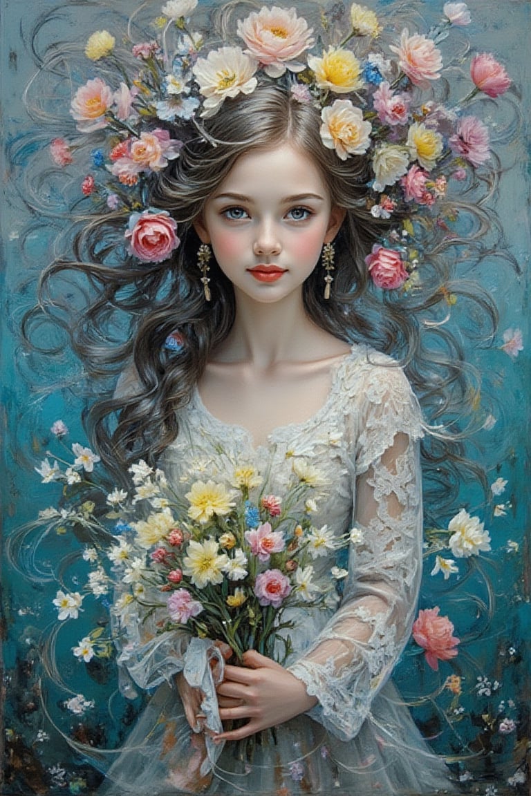 The vibrant oil masterpiece showcases ethereal beauty, with flowing hair holding flowers to the chest. Soft tones of cerulean and slate gray swirl around her, as if the brushstrokes themselves are alive. The work is a symphony of abstract shapes that echo the work of Beksinski, Pacheco, Sutherland, and Adams. Van Gogh's expressive brushstrokes imbue the work with an otherworldly essence, as if the fabric of reality is being manipulated on the canvas. The contrast between light and dark is intentional, drawing the viewer's attention to the subject's enigmatic smile.