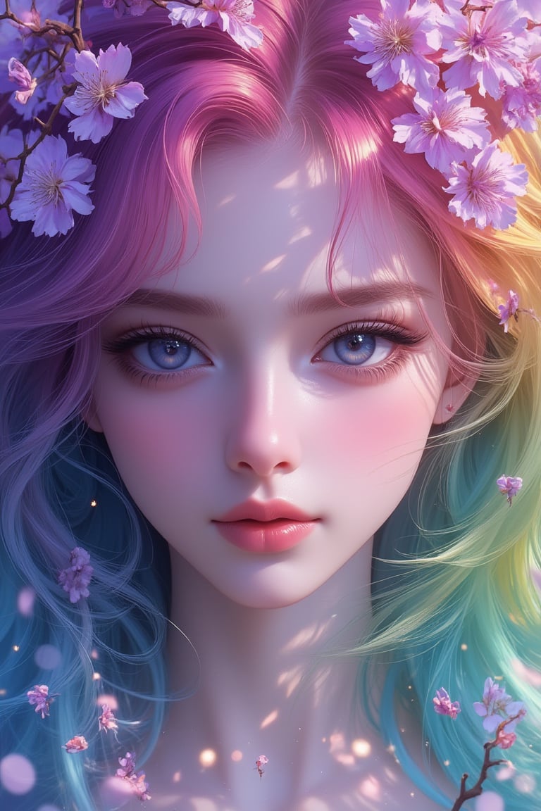 (Best Quality), (Realistic, Photorealistic: 1.2), (Masterpiece: 1.2), Anime Style, CG, Unity, 128K, Stunning, Fine Detail, Super Detailed, High Resolution, Surreal, ((Ultra Detailed)), ((highly detailed CG illustrations)), ((extremely delicate and beautiful)), (cute and beautiful delicate face, eyes, nose, and hands), movie lighting, movie composition, best shadows. A mesmerizing portrait of a vibrant rainbow-colored hair girl with piercing eyes, radiating confidence as she looks directly at the viewer from a swirl of inky stars. Warm smile. The air is filled with kinetic energy, passion itself has materialized, pouring out like a rain of ink. In the background, countless beautiful purple, pink, and light green flowers, suspended with delicate ink bubbles, lend an air of whimsy and showcase the artist's extraordinary skill and attention to detail.